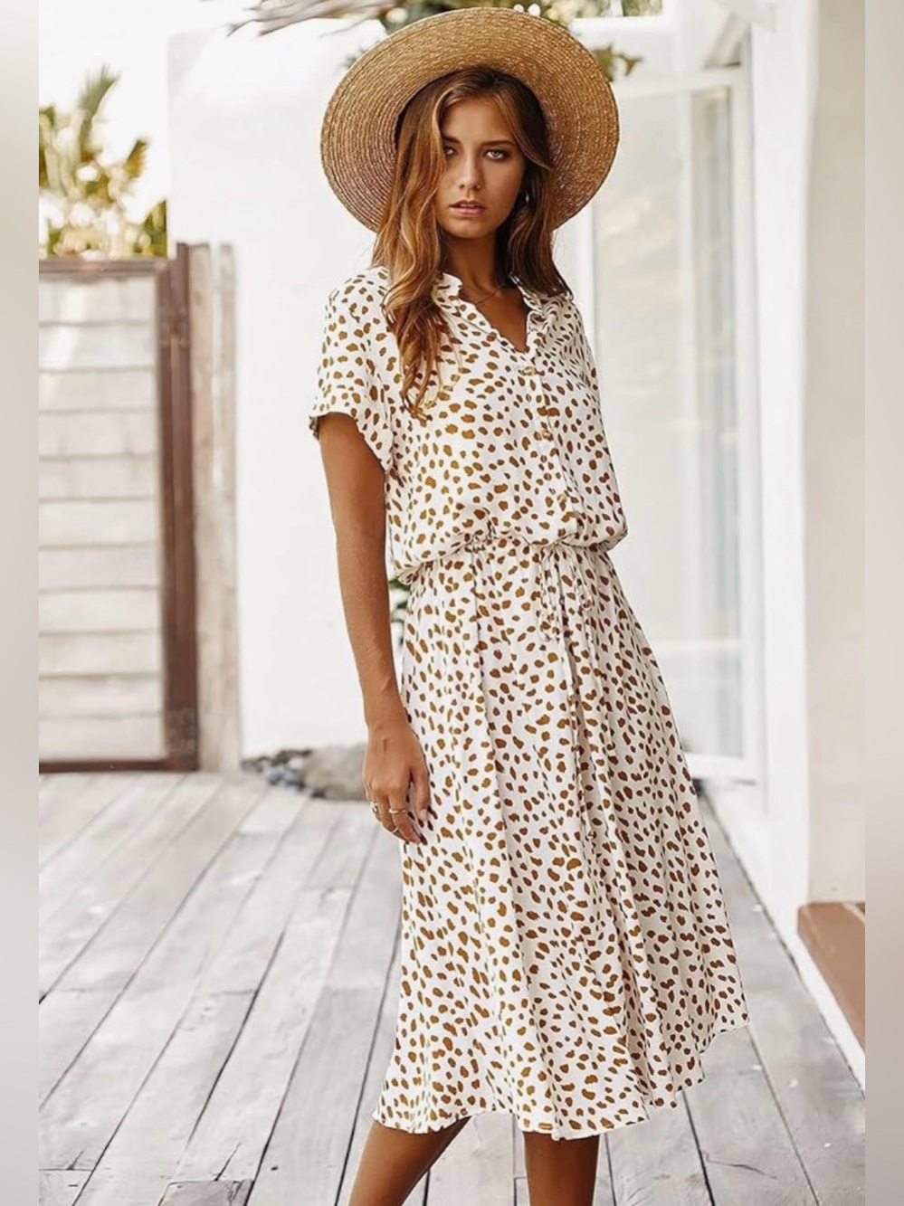 White & Tan Dalmatian Print Midi Dress